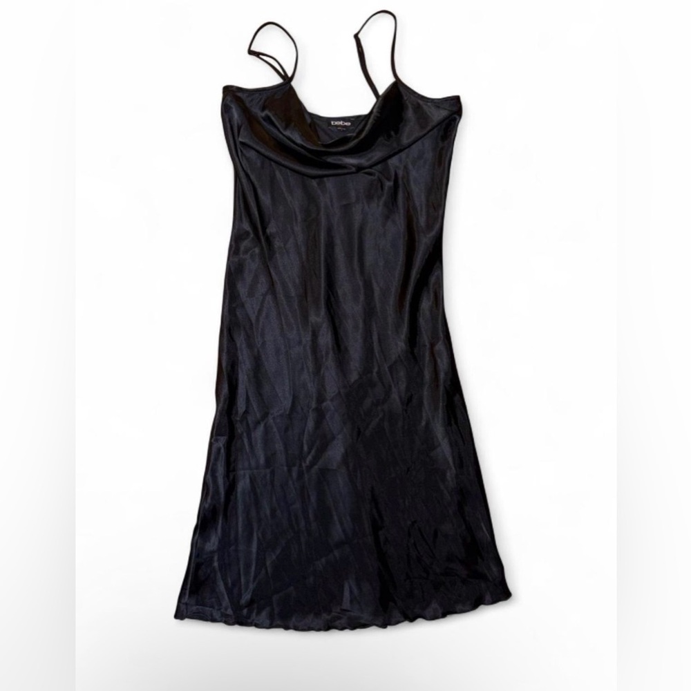 Bebe black satin slip maxi dress with cowl neck and spaghetti adjustable strap M